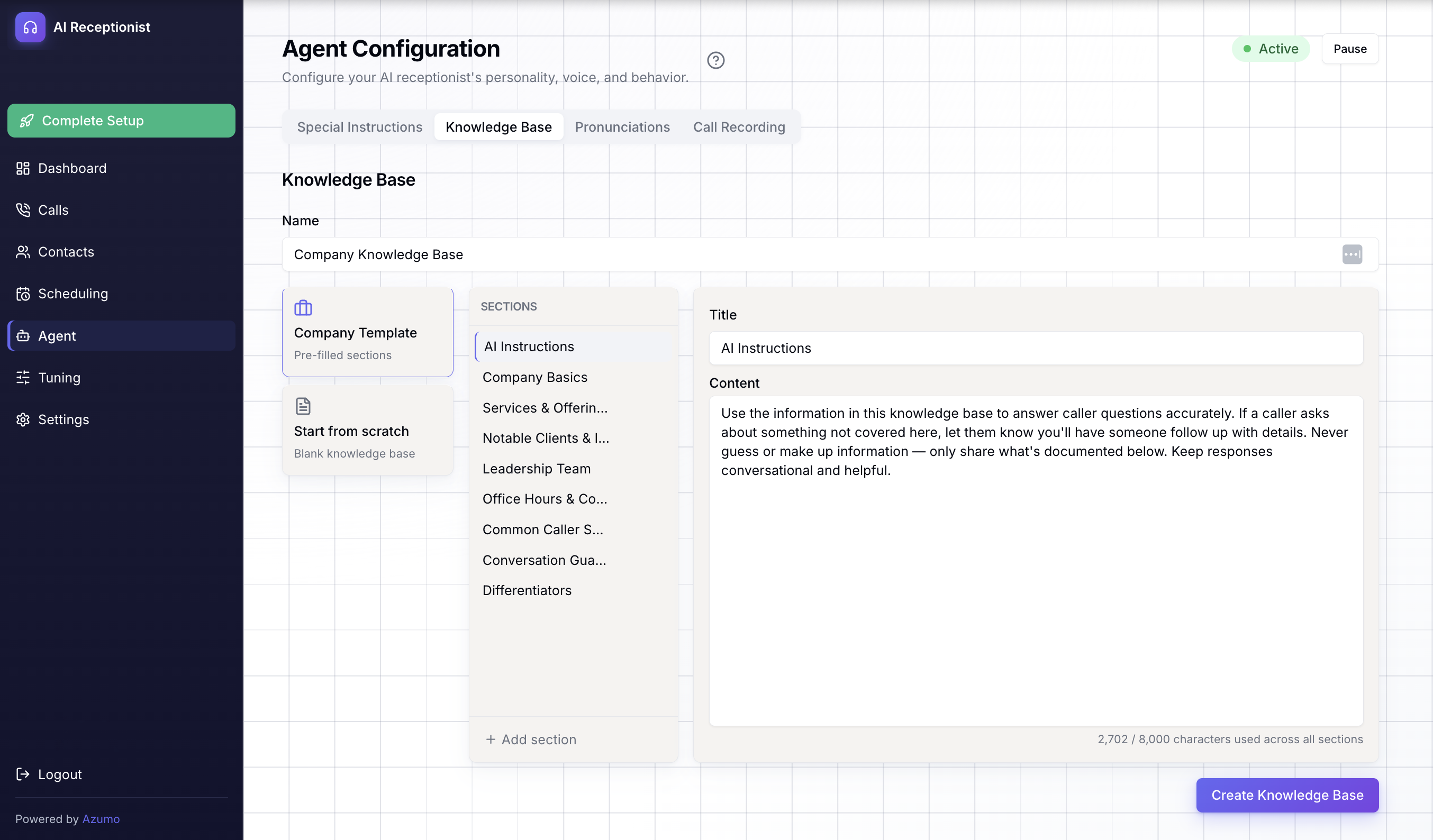 AI Receptionist agent configuration with knowledge base, call analytics, scheduling, and voice tuning
