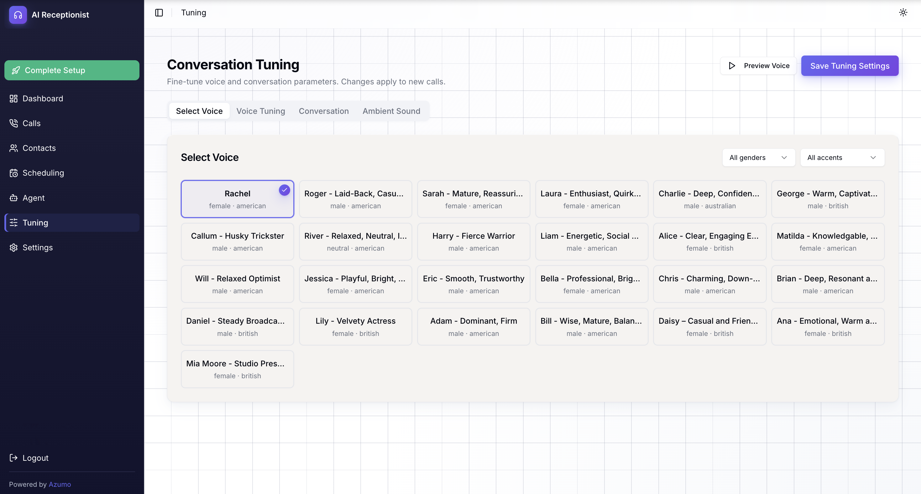 AI Receptionist voice tuning and voice selection interface