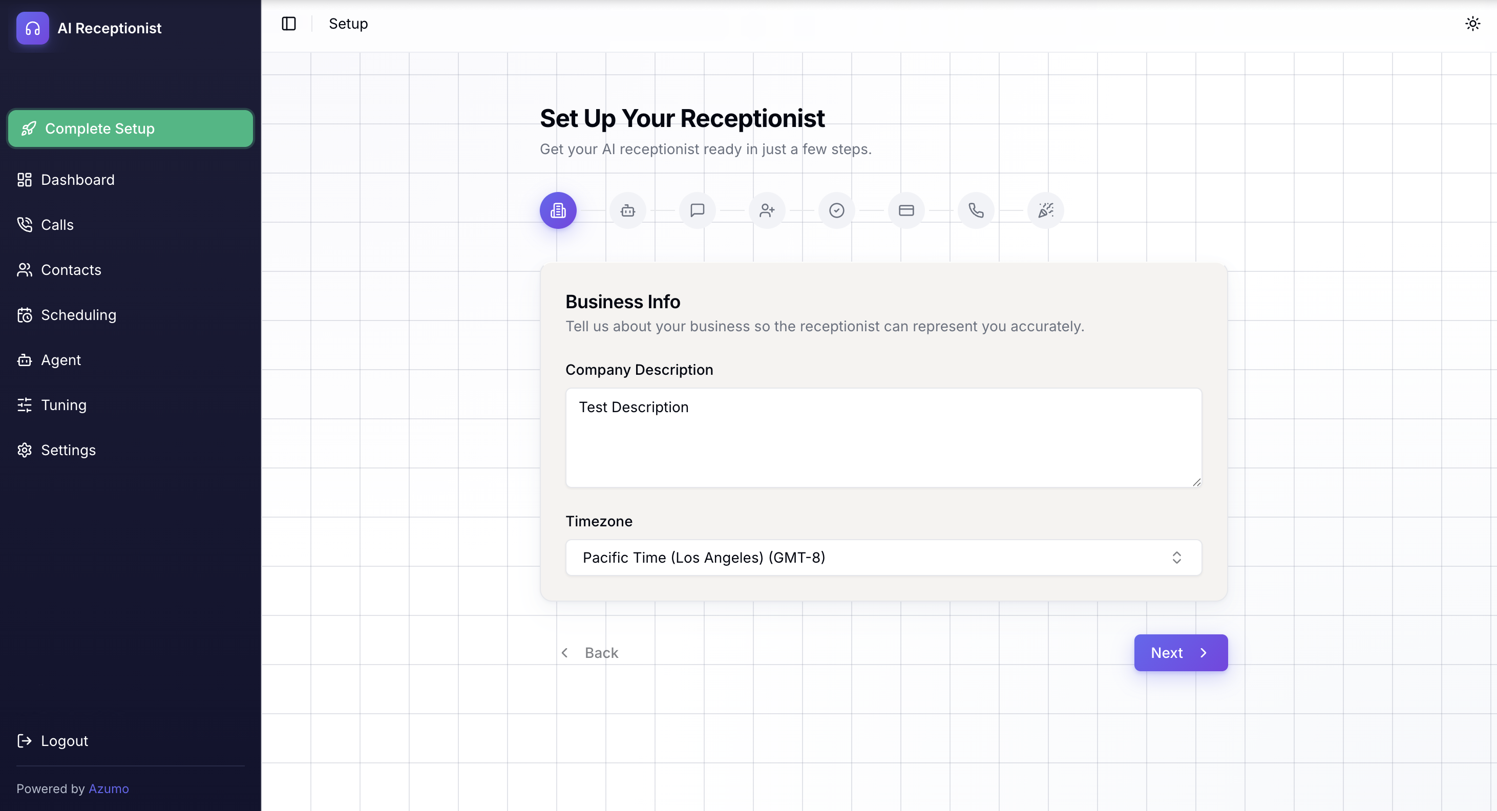 AI Receptionist setup wizard interface